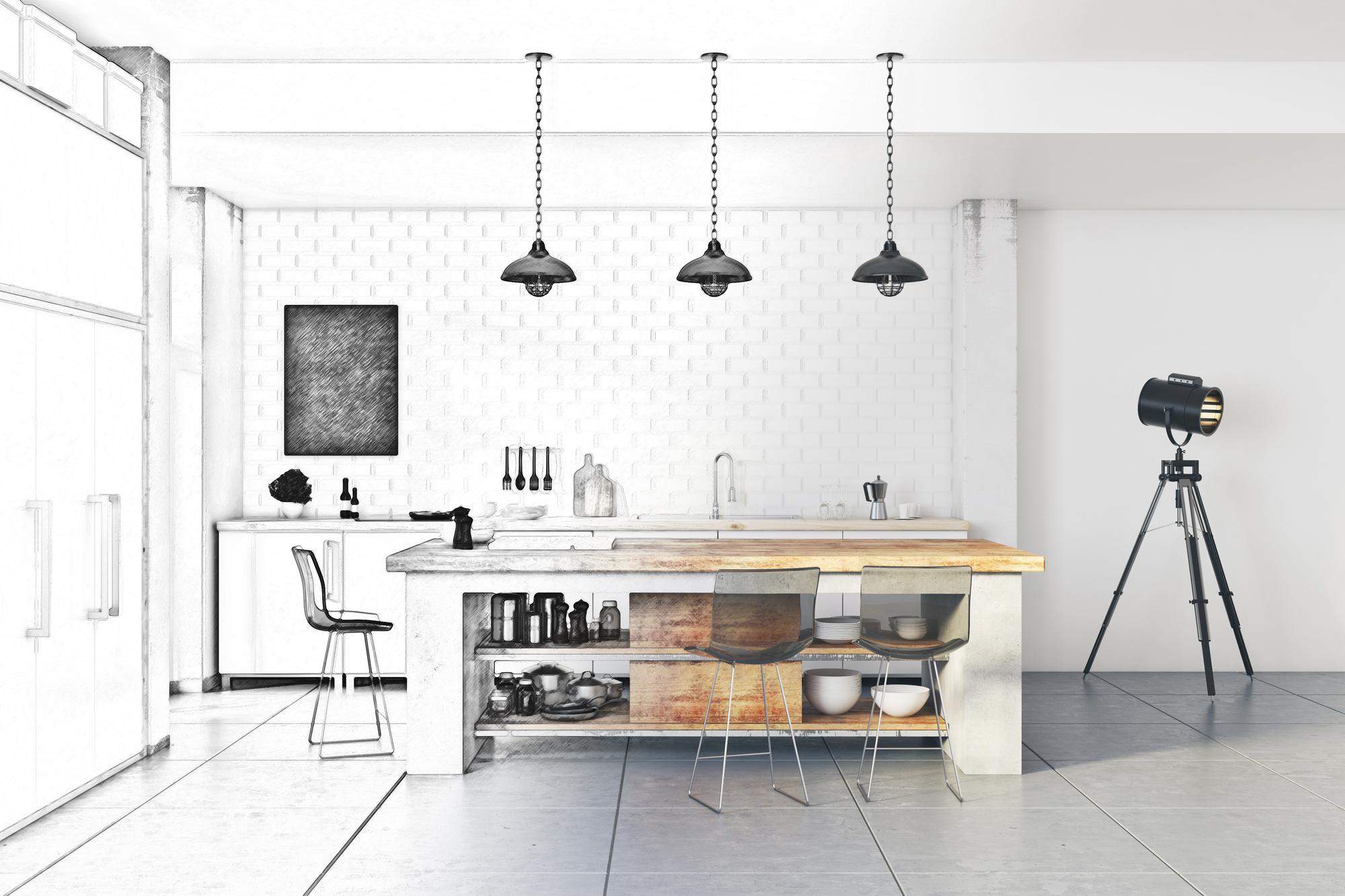 Interno dello studio di cucina con banco e attrezzature